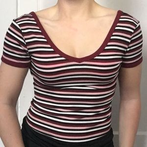 Short Sleeve Maroon Stripe V-Neck / Forever 21